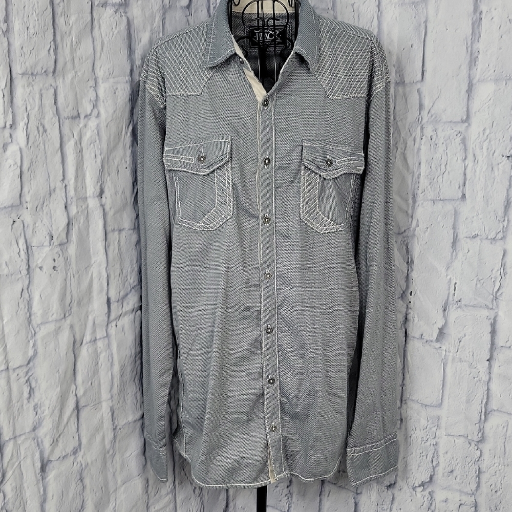 Buckle Black Blue Gray Men's Western Contrast Stitch‎ Button Up Shirt Large